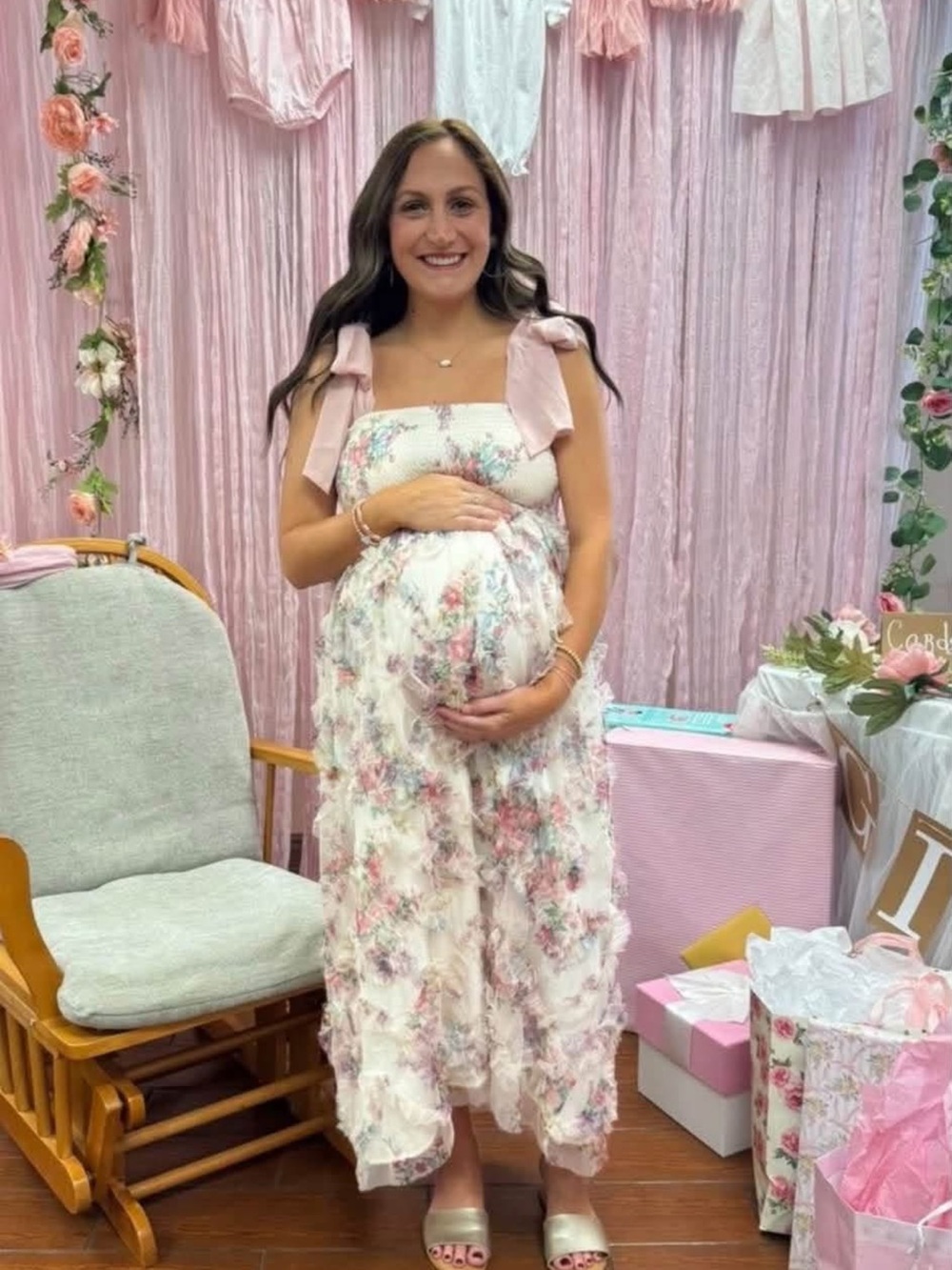 Pinkblush Pink and Floral Maternity Midi Dress with Tie Straps